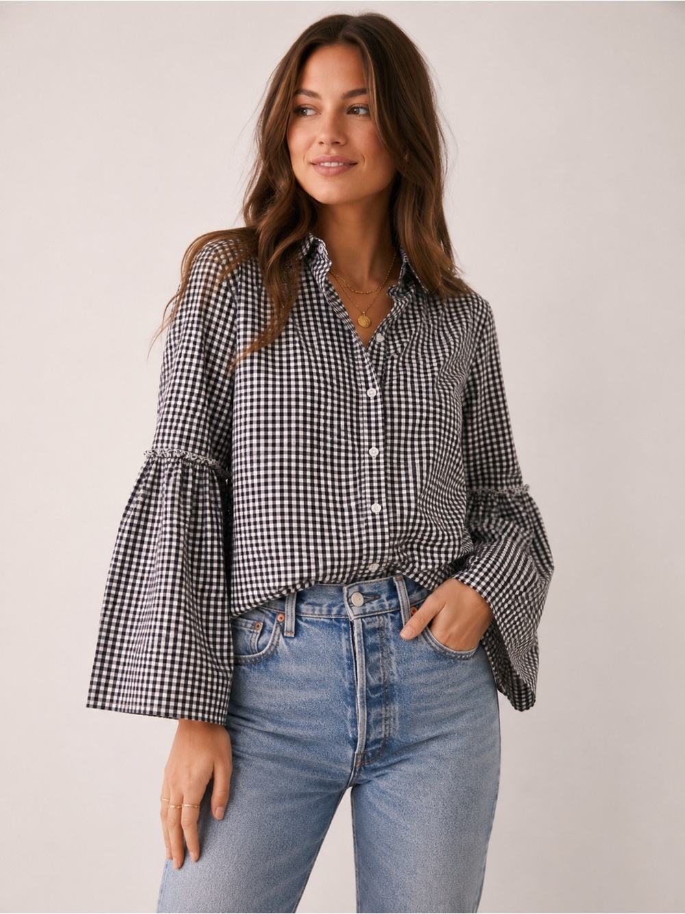 Beach•Lunch•Lounge Western Gingham Button-Front Bell Sleeve Shirt Blouse XL
